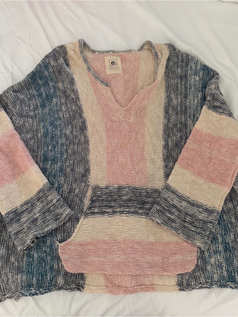Rip Curl Striped V-Neck Sweater in Pink, Cream & Blue-Gray